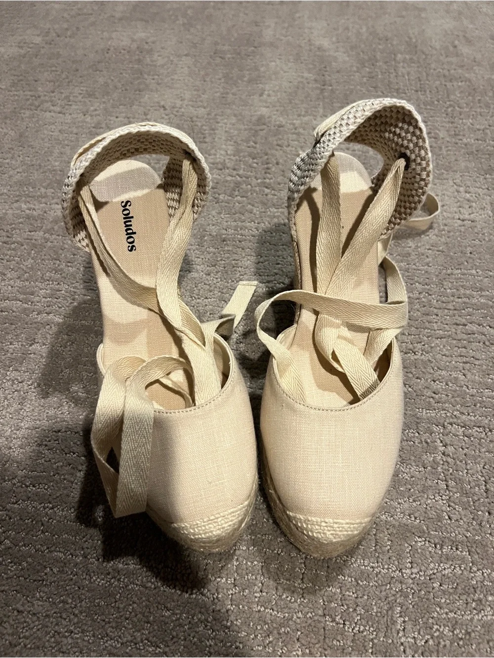 Soludos Cream Canvas Espadrille Wrap Wedge Sandals